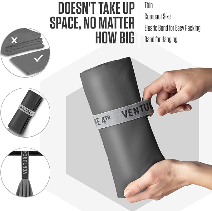 VENTURE 4TH Quick Dry Towel. Microfiber Travel Towel Ideal for Camping, Hiking, Backpacking, Gym. Lightweight & Fast Drying Travel Towels for Body. Compact & Easy to Pack - Charcoal Large