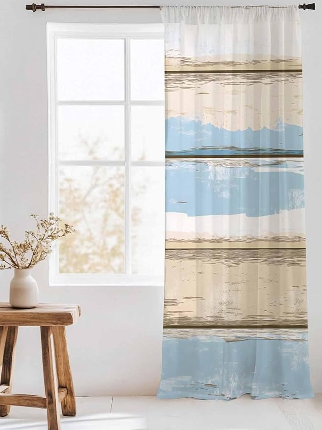 Sheer Curtains 84 Inches Long, Vintage Geometric Blue Semi Sheer Curtains Light - Image 3