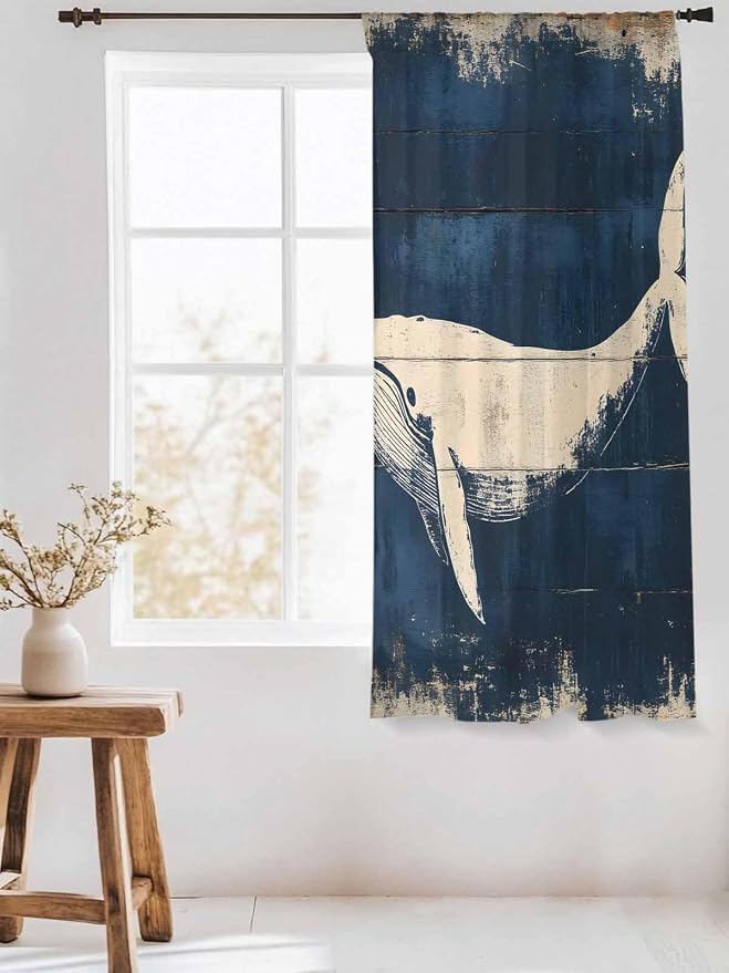 Sheer Curtains 72 Inches Long, Ocean Whale Blue Semi Sheer Curtains Light - Image 3