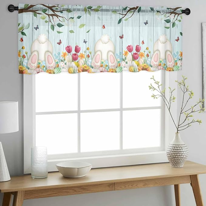 Easter Sheer Valances for Windows 42"x12", Light Filtering Kitchen Curtains - Image 2