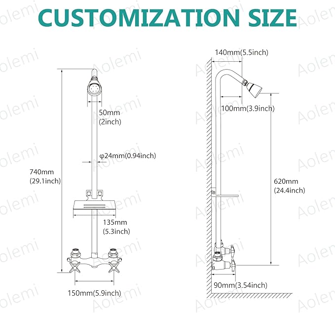 Aolemi Outdoor Shower Kit,Outdoor Shower Fixtures Faucet System with Brass Showerhead,Double Handle Exposed Shower with Brass Mix Valve,6 Inch Center with Soap Dish,Pipe Upward,Brushed Nickel