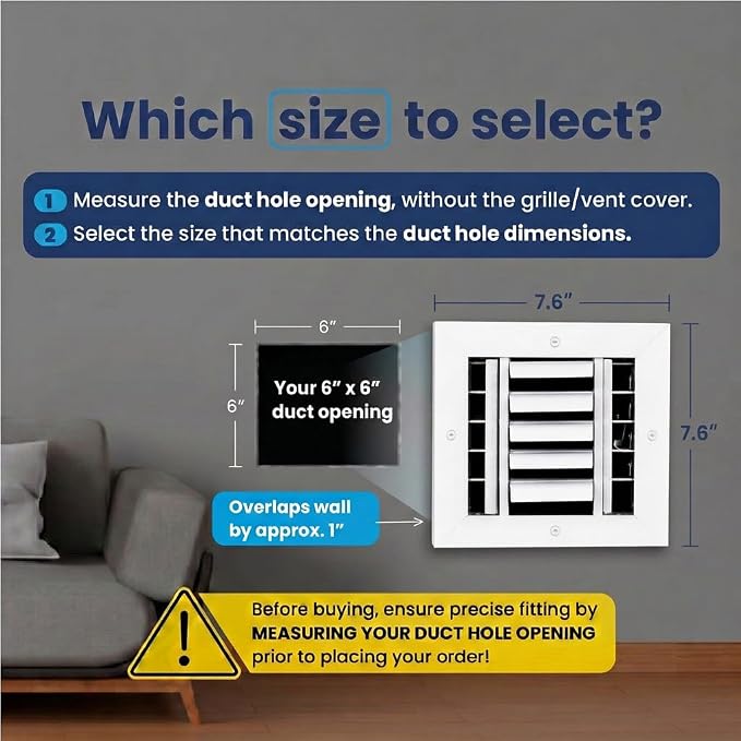 6x6 Aluminum HVAC Vent Cover Wall Ceiling Register 3-Way Air Flow Multi-Shutter - Image 2
