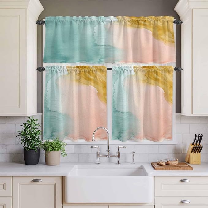 Kitchen Window Curtains Valance and Tier Set, Abstract Desert Mountains Rod - Image 3