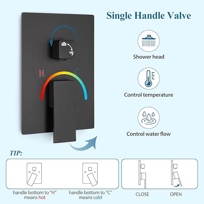 Matte Black Square Shower Head with Handheld Set, Rainfall Shower System Modern Wall Mounted Shower Faucet for Bathroom 12 inch (With Shower Valve)