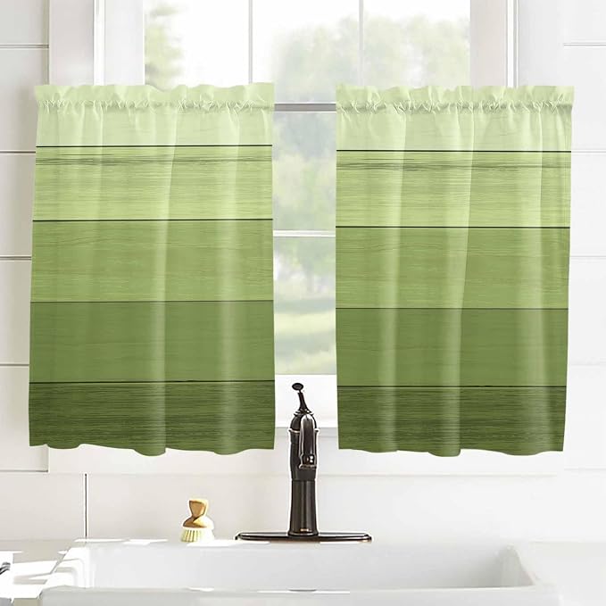 Gradient Green Wooden Board Window Valance Curtains, Retro Country Wood Grain - Image 4