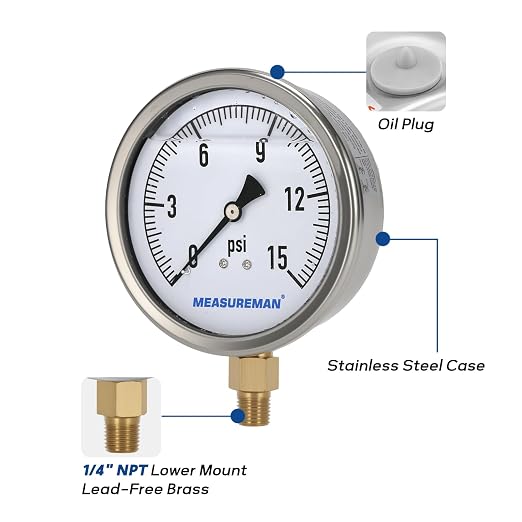 MEASUREMAN Glycerin Filled Plumbing Pressure Gauge 0-15psi Stainless Steel Case - Image 5