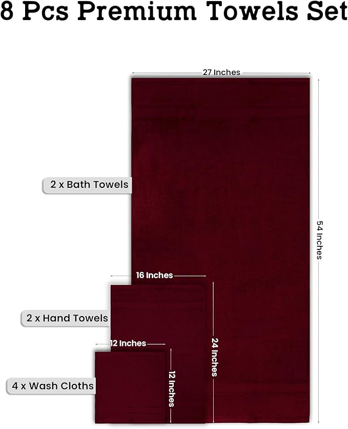Casa Lino Bath Towel Set of 8 (2 Bath Towels, 4 Wash Cloths & 2 Hand Towels for Bathroom) - 100% Cotton - Highly Absorbent & Quick Dry - Guest Room Essentials for Bathroom Set - (Burgundy)