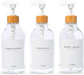 MaisoNovo Refillable Shampoo and Conditioner Bottles | 16.9 fl oz Set of 3 Clear Plastic Bottles White Bamboo Pumps