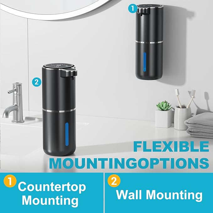 Automatic Soap Dispenser Touchless, 4-Level Adjustable 1200mAh, 12.8oz/380ml Wall or Countertop Mounted, Modern Electric Hand Soap Dispenser for Kitchen, Bathroom, Kids & Family - Black