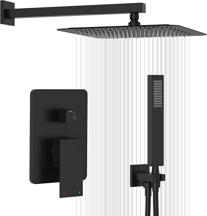 Gabrylly Black Shower System, High-Pressure 10" Stainless Steel Rain Showerhead with handheld Spray Combo, Rainfall Shower Faucet Set Complete, 2 Way Valve Included, Matte Black