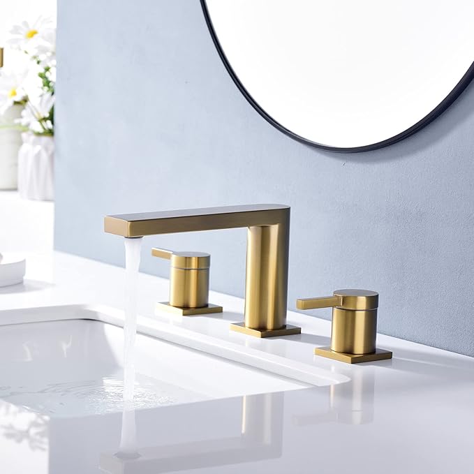Luxury Brass Widespread Bathroom Sink Faucets with Copper Valve for 3 Hole 2-Handle 8 Inch Deck Bathroom Vanity Faucet, &Stainless Steel Pop-up Drain Assembly, Brushed Brass Gold