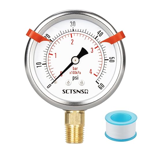0 to 60 Psi Pressure Gauge, Glycerin Liquid Filled, 2.5 inch Dial, 1/4" NPT by SCTSNSR