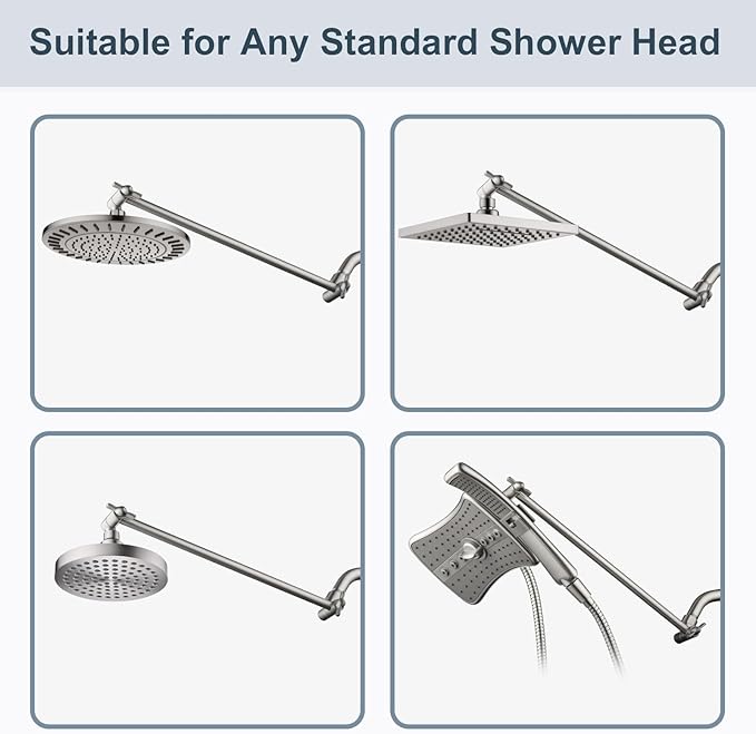 BRIGHT SHOWERS 15 Inch Extra Long Shower Head Extension Arm, Solid Brass Shower Arm Extender with Locking Screw for Rain and Handheld Showerhead, Height & Angle Adjustable, Brushed Nickel