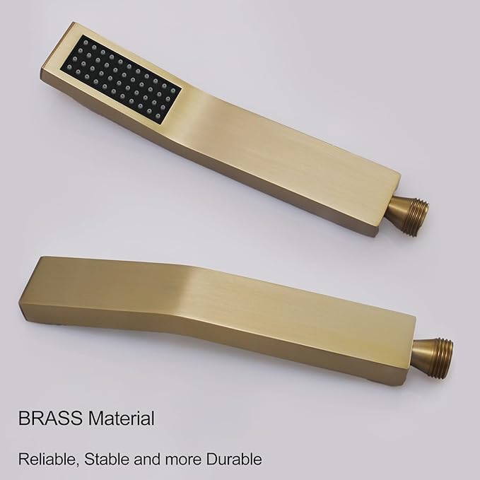 Hand Held Shower Head Combo Set Square Shower Wand Brushed Gold Solid Brass Shower Head With Adjustable Shower Holder and Hose Wall Mount Handheld Showerheads Set