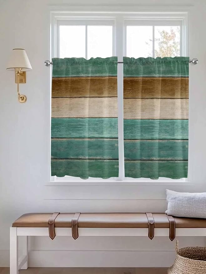 Vintage Plank Turquoise Brown Window Valance Curtains, Farmhouse Wood Grain by IDOWMAT