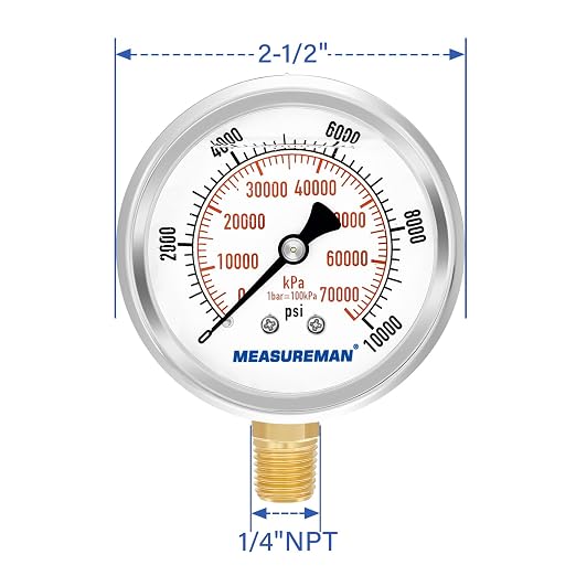 MEASUREMAN 2-1/2" Dial Size, Glycerin Filled Pressure Gauge, 0-10000psi/kpa - Image 7