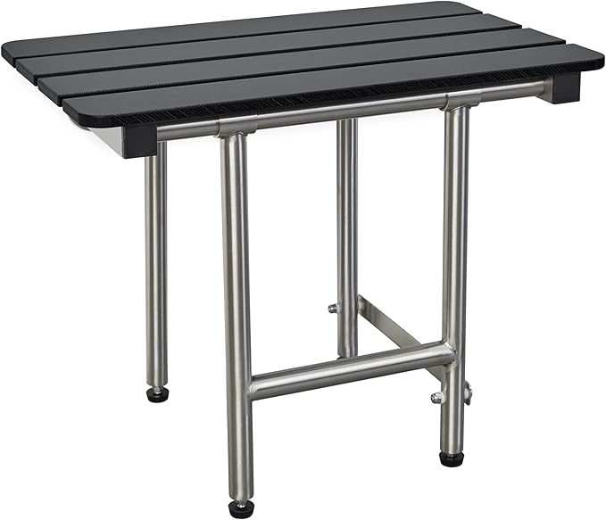 22-inch x 15-inch ADA Bariatric Folding Wall Mount Bench Shower Seat with Legs, Black Slatted Phenolic Seat
