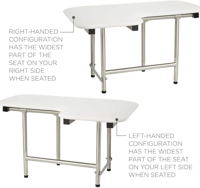 28" x 22.5" White Padded Wall Mount Folding Left-Handed Transfer Bench Shower Seat with Legs, ADA Compliant