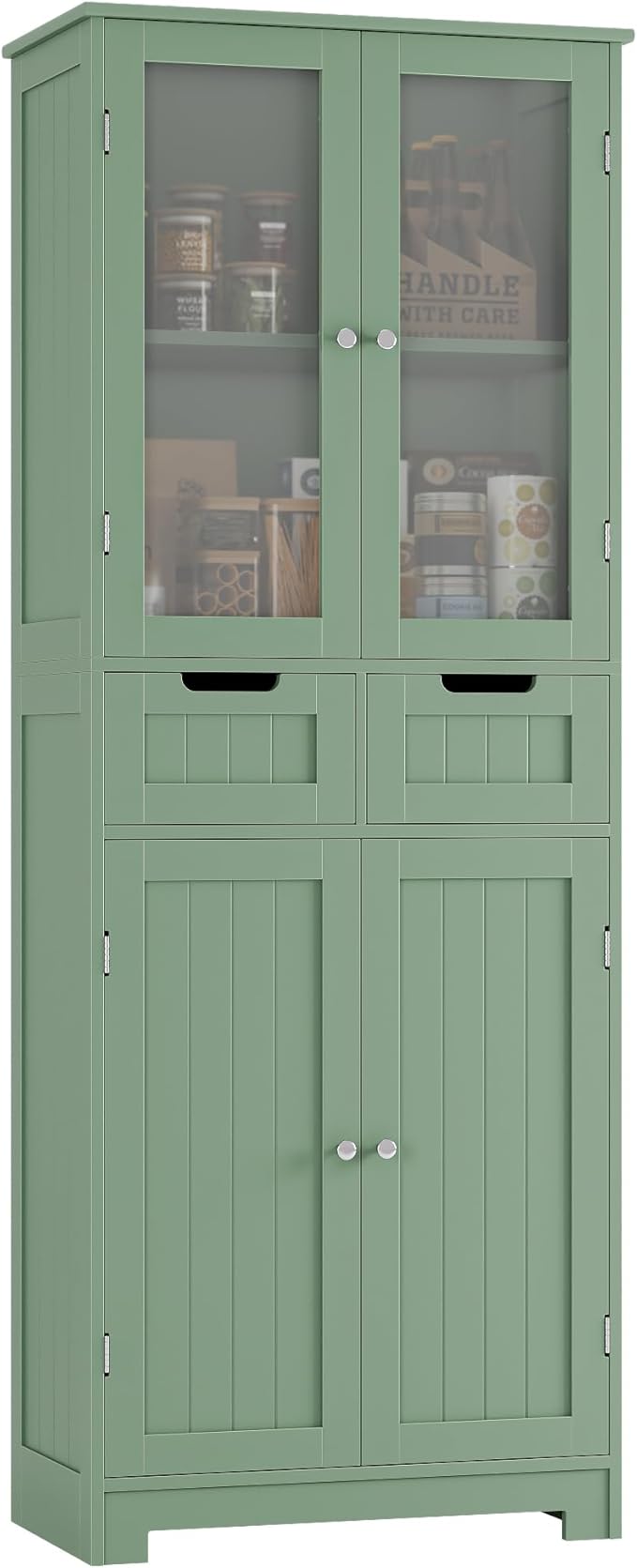 HORSTORS 67" Tall Bathroom Storage Cabinet, Freestanding Storage Cabinet with Glass Door and Shelves, Kitchen Pantry Linen Cabinet with 2 Drawers for Bathroom, Living Room, Dining Room, Green