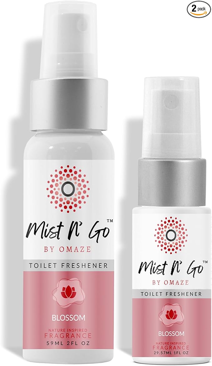 Mist N' Go by Omaze Travel Toilet Spray Odor Eliminator - Freshens Bathroom Air & Deodorizes - Blossom Daily Pack (2oz + 1oz)
