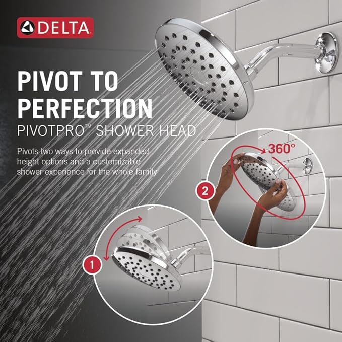 Delta PivotPro Chrome Rain Showerhead, Single Setting 7 Inch Round Shower Head, Showerheads, 1.75 GPM Flow Rate, Chrome 75104