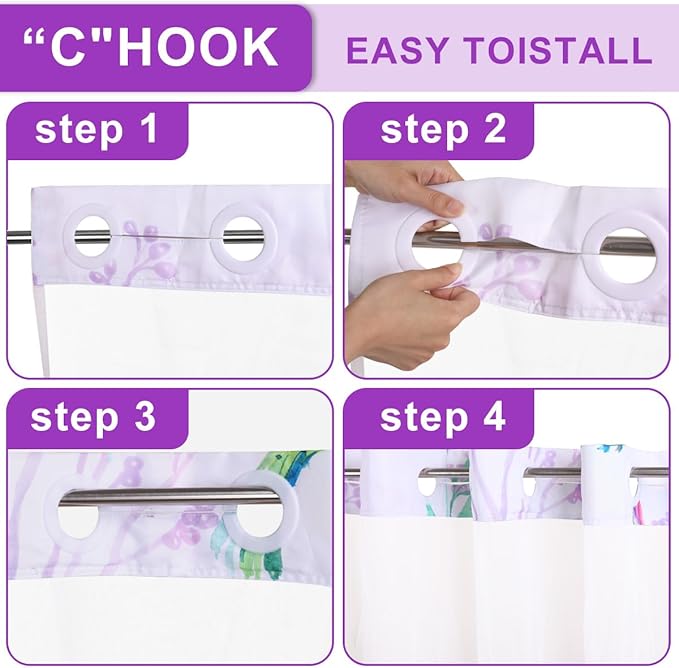 No Hook Shower Curtain with Snap in Liner for Bathroom,with See Through Top Window, Double Shower Curtain with Detachable Fabric Liner Replacement, Machine Washable, Purple Floral, 71"x 74"