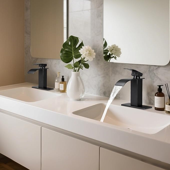Bathroom Faucets Matte Black Waterfall Bathroom Sink Faucet Modern Single Handle Bathroom Faucet for 1 or 3 Hole Mxier Tap Washbasin Faucet with Deck, Pop-up Drain and Supply Hoses