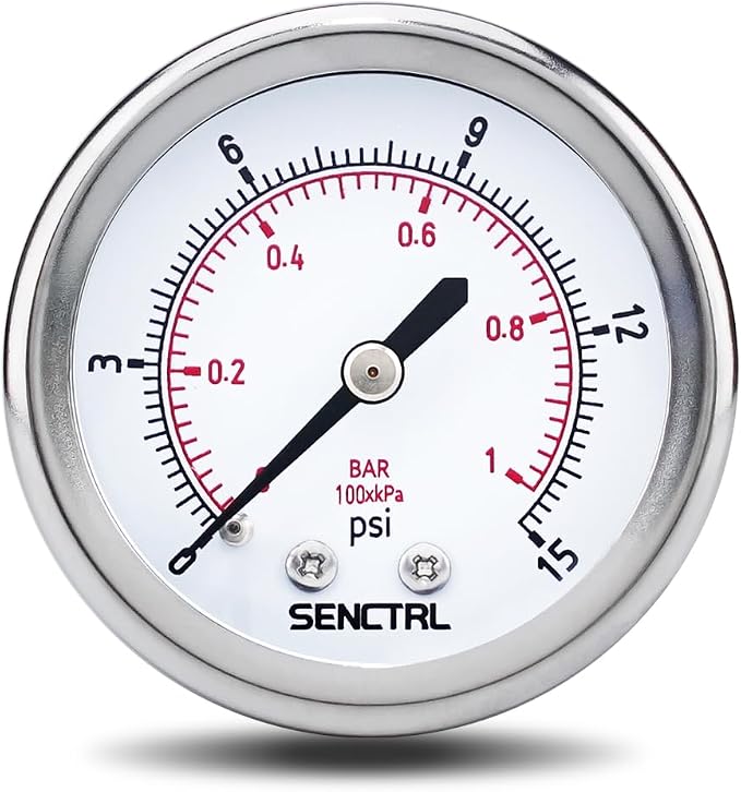 SENCTRL 0-15 Psi Low Pressure Gauge, 1/4 NPT Back Mount, Waterproof, Stainless by senctrl