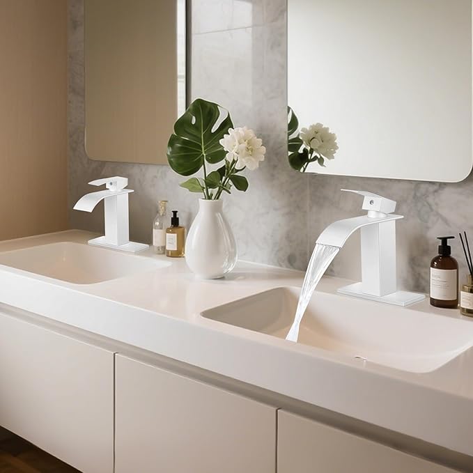 Bathroom Faucets White Waterfall Bathroom Sink Faucet Modern Single Handle Bathroom Faucet for 1 or 3 Hole Mxier Tap Washbasin Faucet with Deck, Pop-up Drain and Supply Hoses