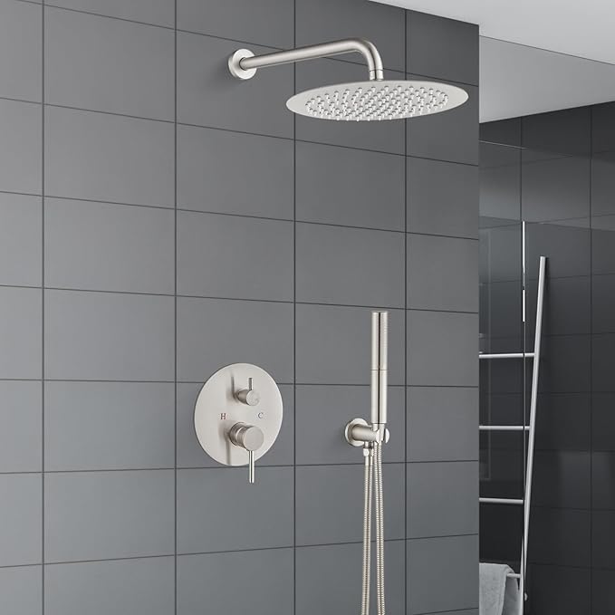 Airuida Shower Fixtures 2 Functions Shower Faucet Set Wall Mounted for Bathroom High Pressure Brass Handheld Shower with Rough-in Valve Round Rainfall 10 Inch Shower Head Brushed Nickel