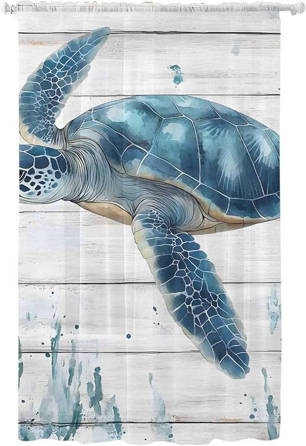 Sheer Curtains 96 Inches Long, Teal Green Ocean Turtle Semi Sheer Curtains by Unknown