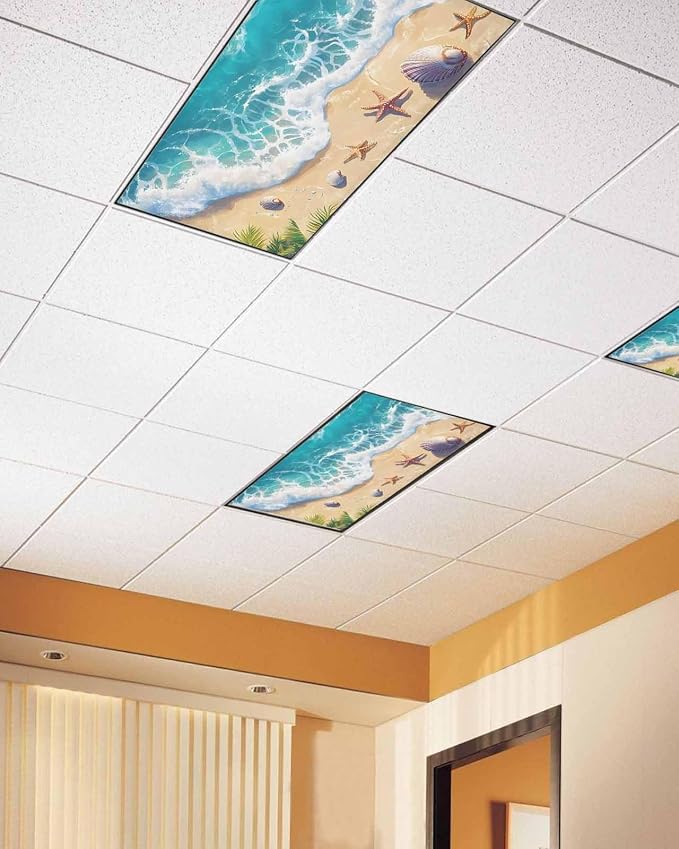 Ocean 2 Pcs Fluorescent Light Covers, Sandy Beach Marine Wave Seashell Magnetic - Image 2