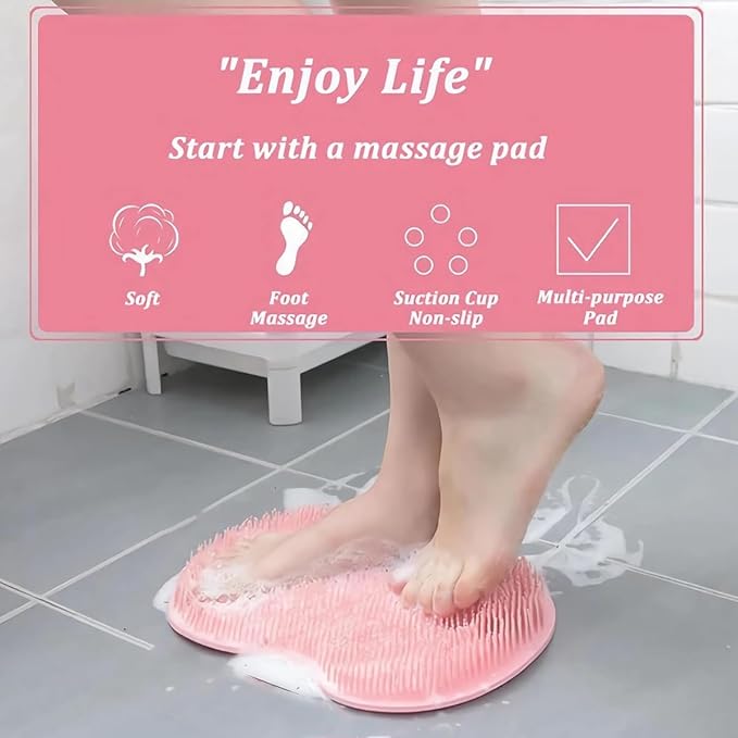 Shower Foot & Back Scrubber, Massage Pad with Suction Cups & Pumice Stone, Multi-Surface Silicone Bath Mat for Exfoliating and Massaging in Shower or Bathtub, 9.8x11.8 Inch (Gray)
