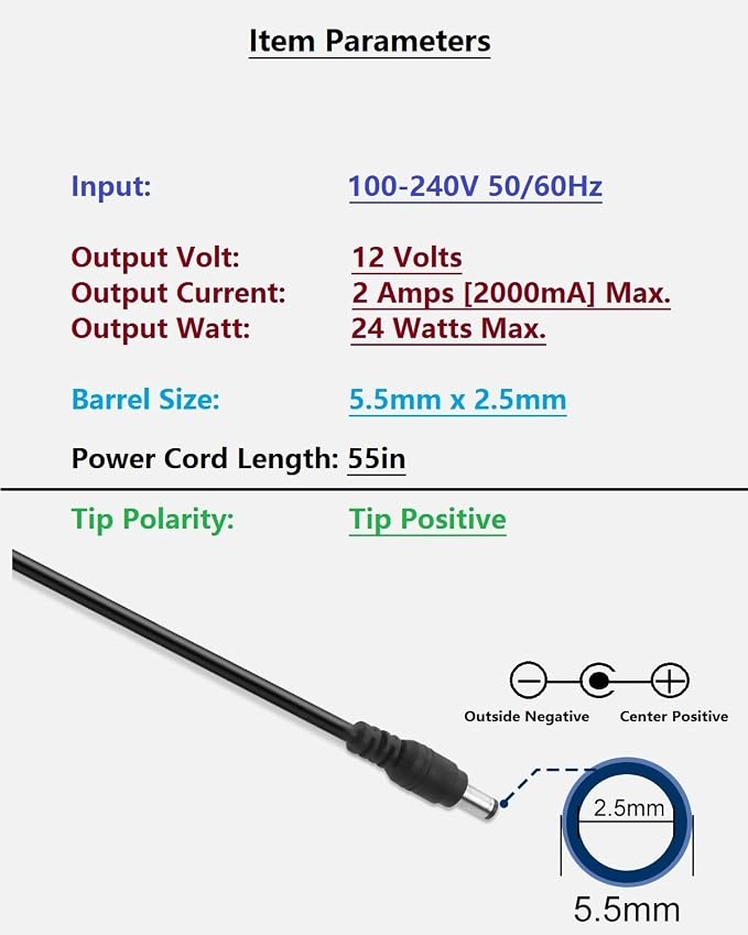 12V DC Power Supply 2A, AC Adapter 100-240V 50-60Hz to 12 Volts 2000mA - Image 5