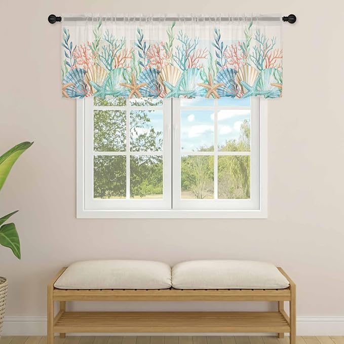 Summer Beach Sheer Valance Curtains, Ocean Colorful Coral Shell Seaweed - Image 4