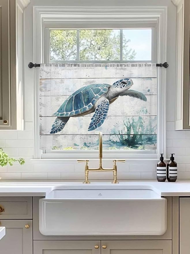 Sheer Curtains 45 Inch Length, Teal Green Sea Turtle Semi Sheer Curtains Light - Image 3