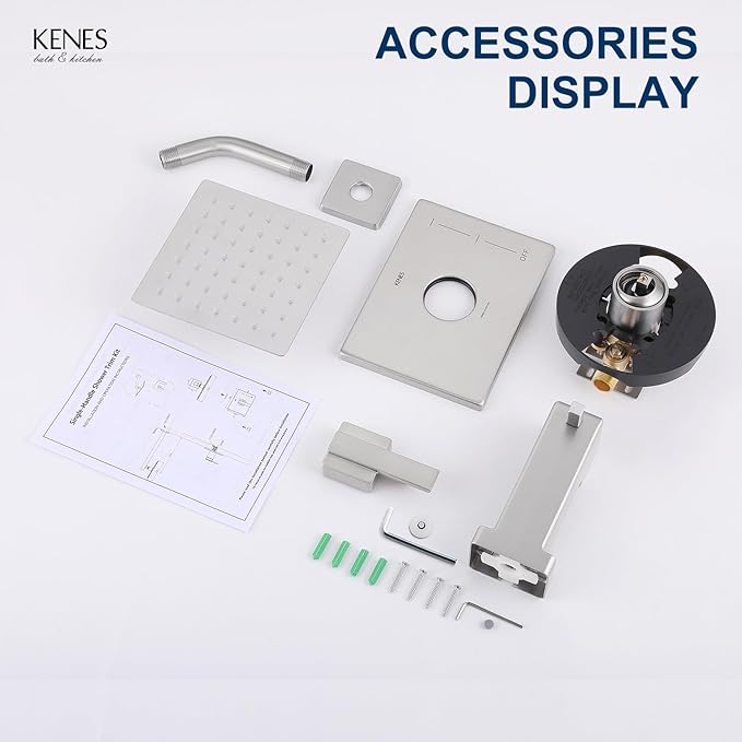 KENES Tub Shower Faucet Set Complete, Brushed Nickel Tub and Shower Trim Kit with 6-Inch Rain Shower Head, Square Shower System, KE-6025A (Shower Valve Included)
