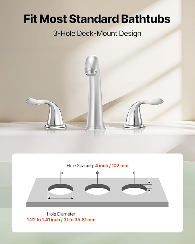 VEVOR Roman Tub Faucet, 3 Hole Waterfall Bathtub Faucet, Bath Tubs Faucets Set with 2 Handles, Deck Mount Bath Tub Faucets Set for Pet Washing, Adult Bathing, Chrome, High Arc Spout