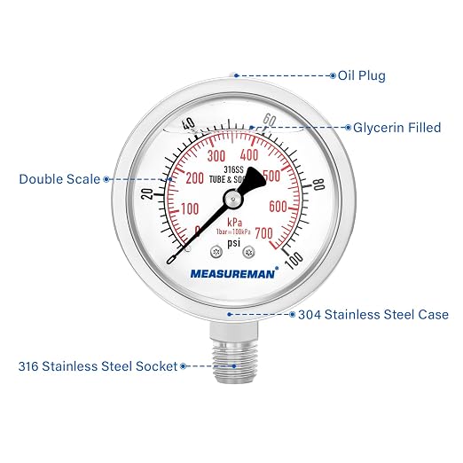 MEASUREMAN Pressure Gauge 1/4 NPT, 0-100psi/kPa Fully Stainless Steel Hydraulic - Image 3