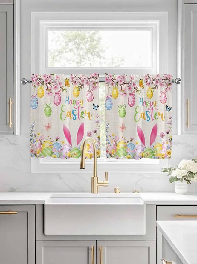 Happy Easter Half Window Curtains 24 Inches Long, Spring Farmhouse Bunny Eggs - Image 3