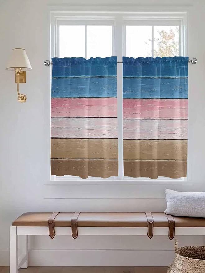 Blue Pink Brown Gradient Wood Grain Window Valance Curtains, Vintage Wood Board - Image 2