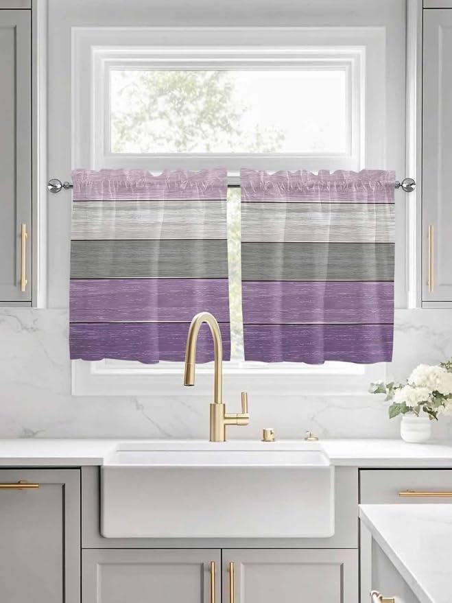 Country Wood Board Gray Purple Window Valance Curtains, Farmhouse Gradient by IDOWMAT