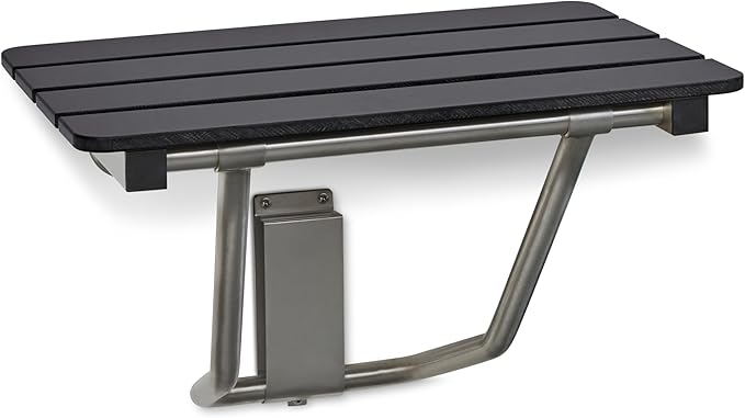 24-inch x 15-inch ADA Folding Wall Mount Bathroom Shower Seat Bench, Black Slatted Phenolic Seat