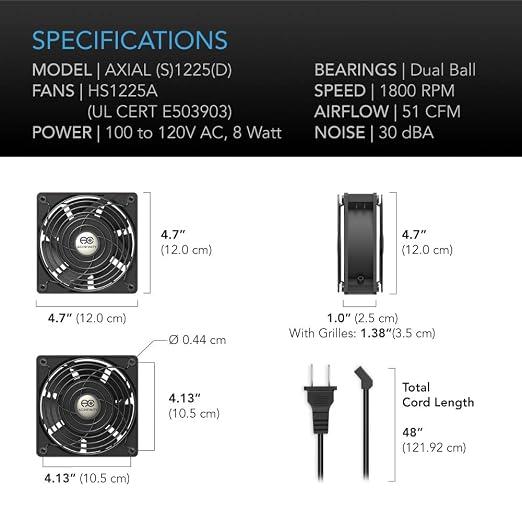 AC Infinity AXIAL 1225, Quiet Muffin Fan, 120V AC 120mm x 25mm Low Speed - Image 6
