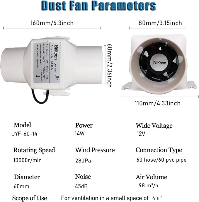 12V Inline Duct Fan Mini Attic Vent Booster 2.4“ 60Mm 58Cfm Variable Exhaust - Image 2