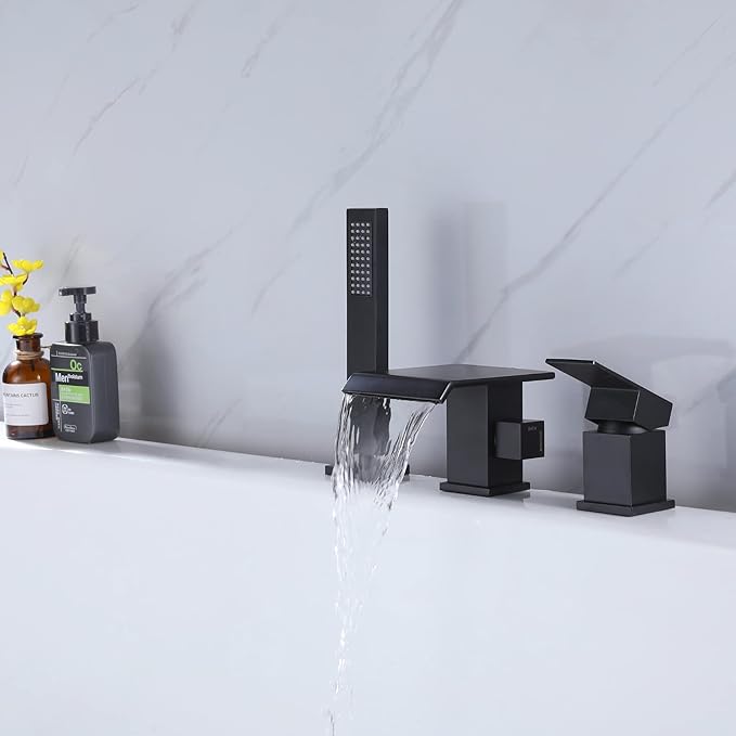 TapLong Modern Roman Tub Faucet with Hand Shower, Waterfall Deck Mount Bathtub Filler Faucet with Sprayer, Widespread 3-Holes Tub Shower Faucet Set in Matte Black, 02763B
