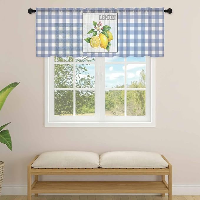 Lemon Sheer Valance Curtains, Summer Fruit Floral Wood Grain Blue Plaid Light - Image 4