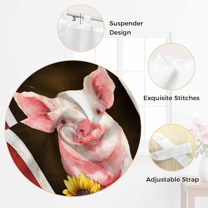 Pigs Sunflowers Kitchen Curtains 24 Inch Length, Small Window Curtains Tab Top - Image 6