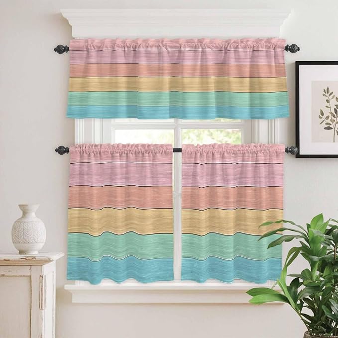 Kitchen Window Curtains Valance and Tier Set, Farm Colorful Wooden Plank Rod by Unknown