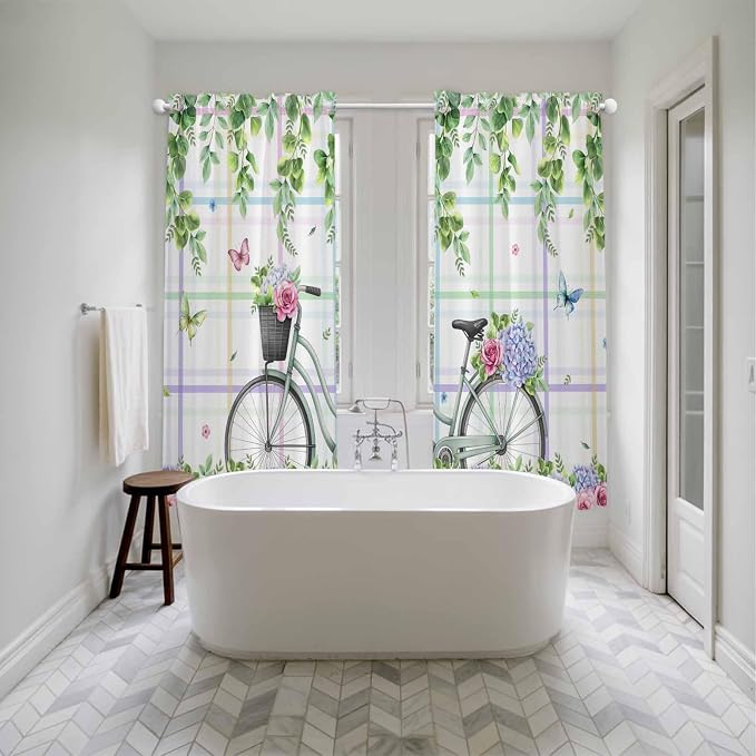 Spring Kitchen Curtains, Bicycles Botanical Leaves Rose Colorful Stripes Light - Image 5